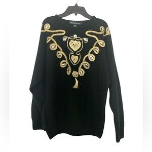 New Vintage Work in Progress Silk Angora Sweater Embelished Black Gold Large
